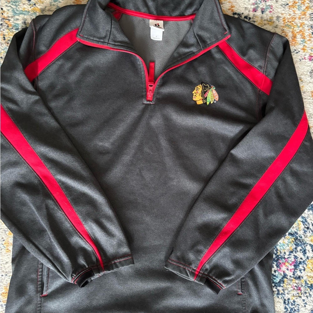 Gray and Red Quarter-Zip Blackhawks Sweater